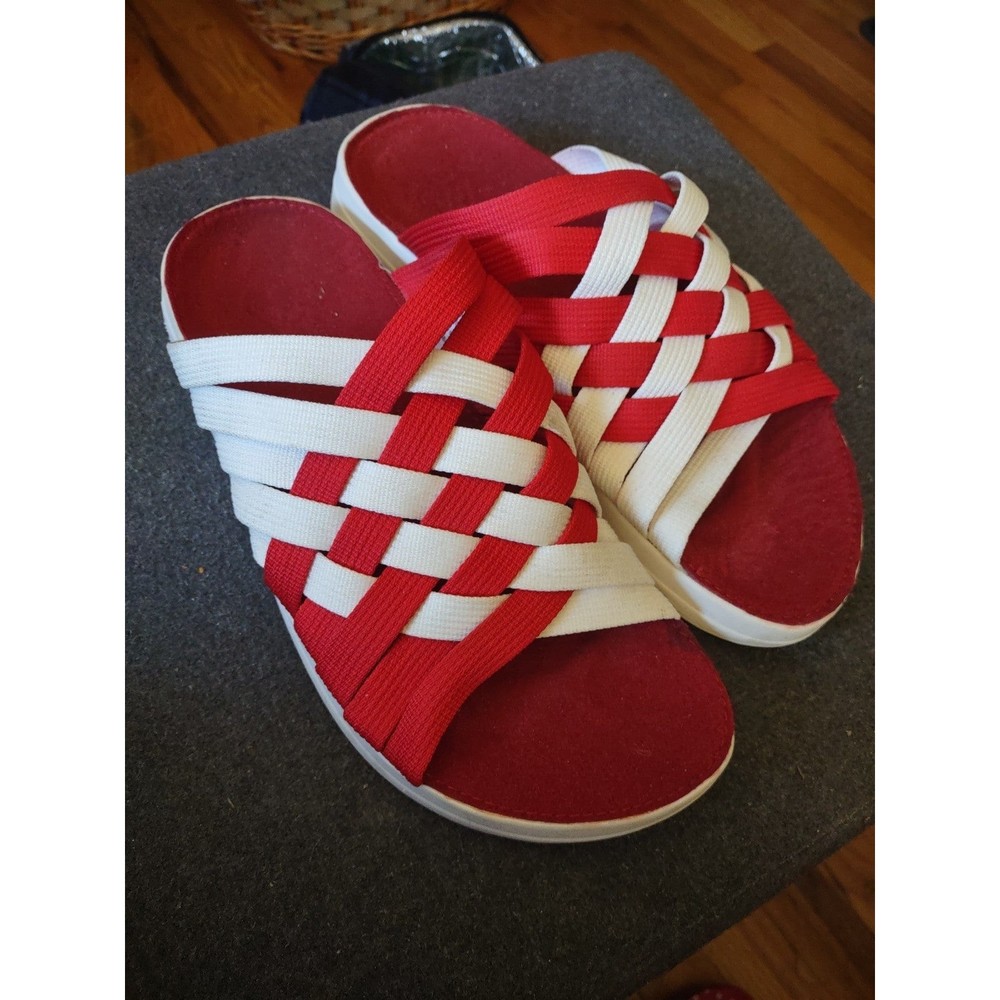 Malibu red and white woven semi platform slides